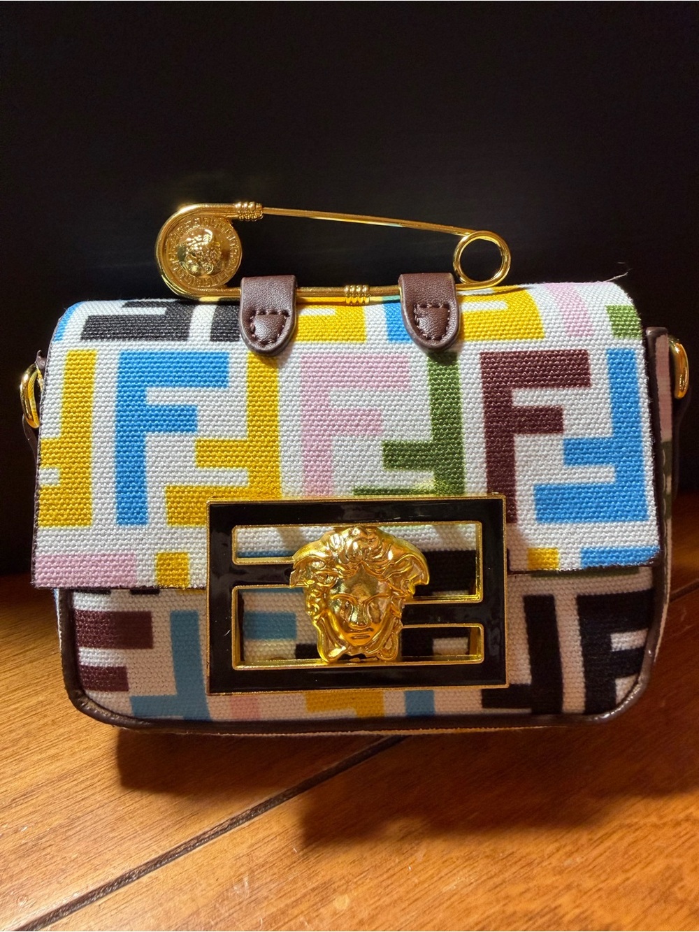 FENDACE Multicolor FF Canvas Mini Bag with Gold Medusa Plate imitation pin